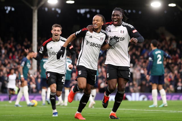<p> Bobby De Cordova-Reid, left, celebrates with Calvin Bassey after scoring Fulham’s winning goal    </p>