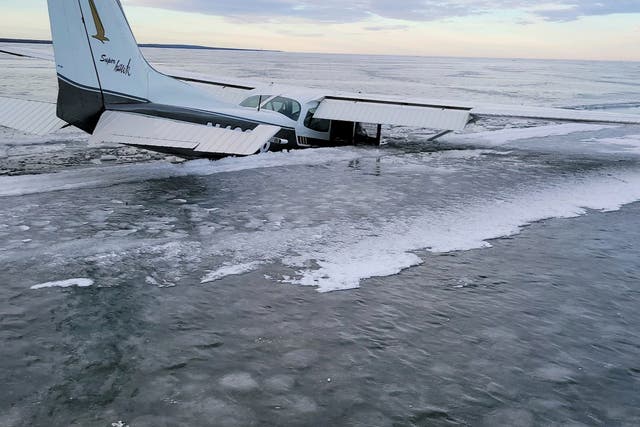 <p>A Cessna plane sinks through the ice on Upper Red Lake in Washkish, Minnesota, 19 December 2023</p>