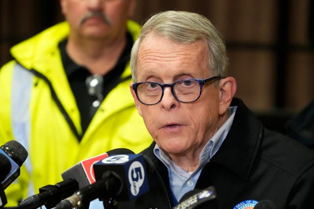 <p>Ohio Gov. Mike DeWine meets with reporters after touring the Norfolk Southern train derailment site in East Palestine, Ohio, Monday, Feb. 6, 2023</p>